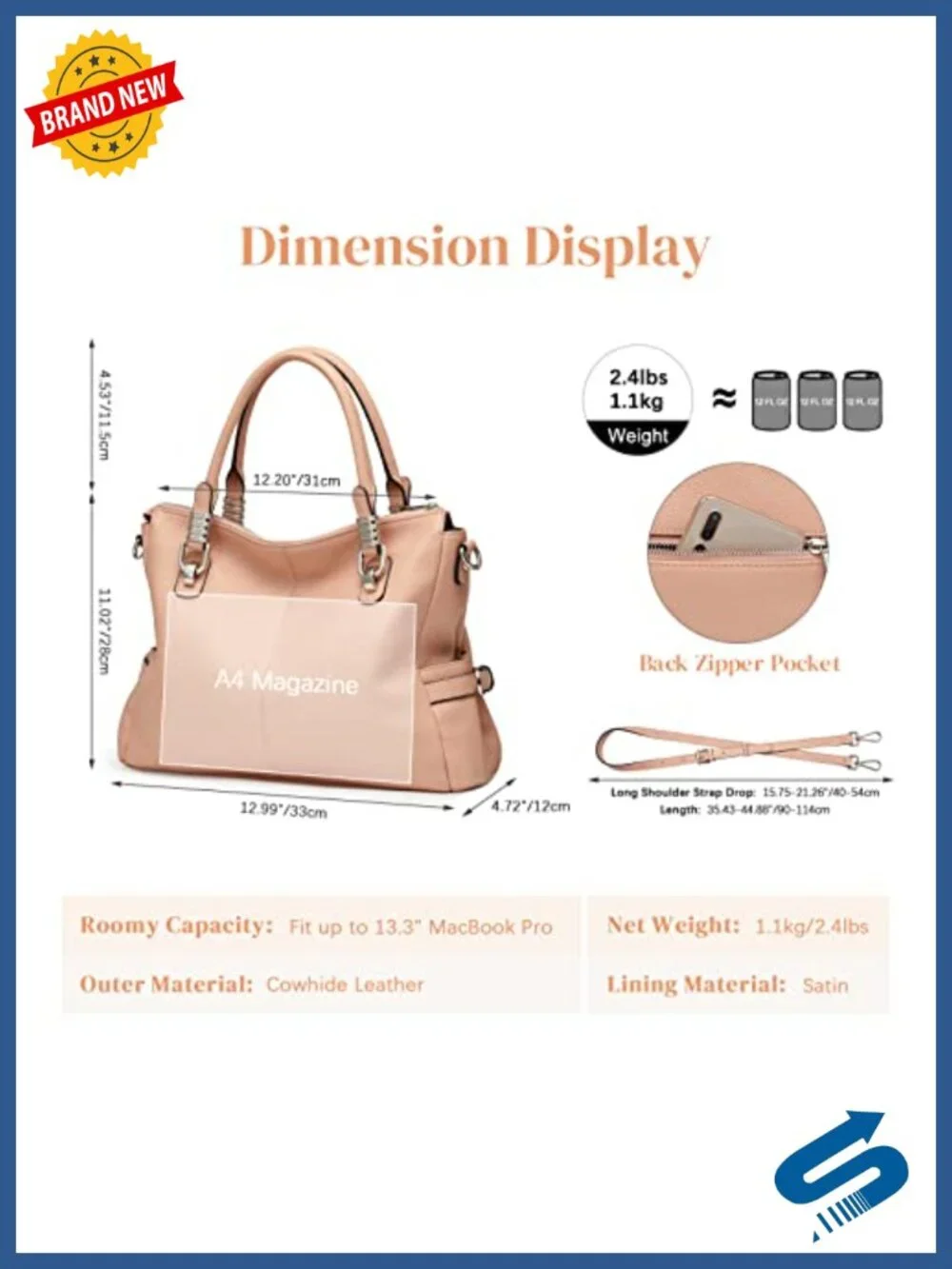 Genuine Leather Satchel Handbag Tote Crossbody Bag Fits 13.3